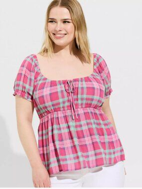 TORRID Babydoll Crinkle Gauze Tie Front Pink Plaid Top (6X)